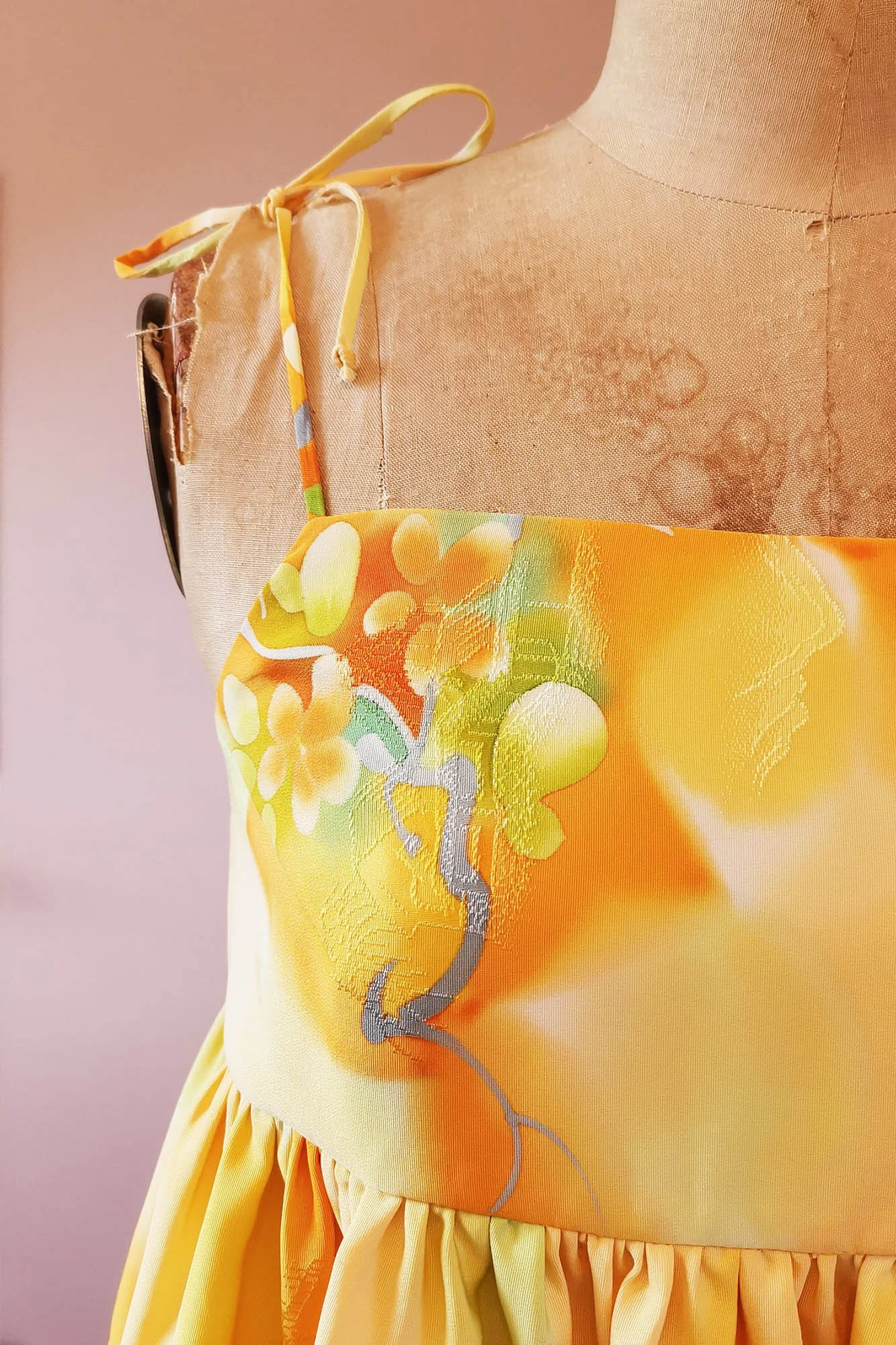 Orange Floral Print Upcycled Vintage Silk Kimono Top